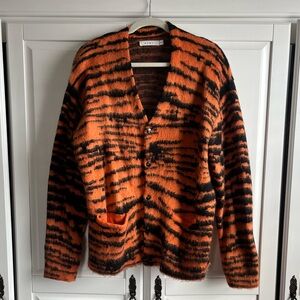 Mnml tiger stripe mohair cardigan sweater men’s M orange, black, pockets